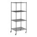 A Regency black wire shelving unit on wheels.