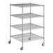 A Regency chrome wire shelving unit with wheels and four shelves.