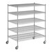 A Regency chrome mobile wire shelving unit with 4 shelves and wheels.