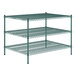 A green metal Regency wire shelving unit with three shelves.