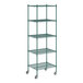 A Regency green wire shelving unit with wheels.