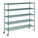 A green metal Regency mobile wire shelving starter kit with 5 shelves.