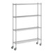 A Regency chrome wire shelving unit with wheels.