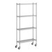 A Regency stainless steel wire shelving unit with wheels.