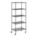 A Regency black wire shelving unit with wheels and five shelves.