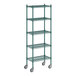 A green Regency wire shelving unit with wheels.