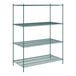 A green metal wire shelving unit with four shelves.