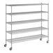 A Regency chrome mobile wire shelving unit with five shelves and wheels.