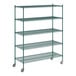 A green metal Regency wire shelving unit with wheels.