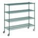 A green metal Regency wire shelving unit with wheels.