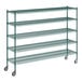 A Regency green metal wire shelving unit with wheels.