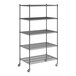 A Regency black wire shelving unit with wheels and five shelves.