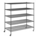 A Regency black wire shelving starter kit with wheels and five shelves.