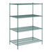 A green metal Regency wire shelving unit with four shelves.