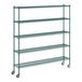 A green metal Regency wire shelving unit with wheels.