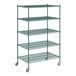 A green metal wire Regency shelving unit with wheels.