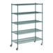 A Regency green wire shelving unit with wheels.