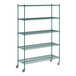 A green metal Regency wire shelving unit with wheels.