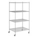 A Regency chrome wire shelving unit with wheels.