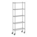 A Regency chrome mobile wire shelving unit with 5 shelves and wheels.