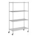 A Regency chrome wire shelving unit with wheels.