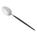 An Acopa Odin stainless steel teaspoon with a black handle.
