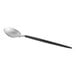 An Acopa Odin stainless steel bouillon spoon with a black handle.