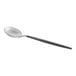 An Acopa Odin stainless steel demitasse spoon with a black handle and silver spoon.