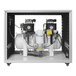 A white air compressor with a steel tank and white cover.