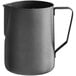 An Acopa black metal frothing pitcher with a handle.