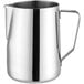 An Acopa stainless steel frothing pitcher with a handle.