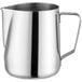 An Acopa stainless steel frothing pitcher with a handle.