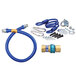 A blue Dormont gas connector kit with a restraining cable and hose parts.