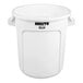 A white plastic Rubbermaid Brute trash can with black text.