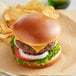 A cheeseburger on a Turano Brioche bun with potato chips on a plate.