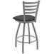 A Holland Bar Stool Jackie Ladderback Swivel Bar Stool with a black cushion and silver metal frame.