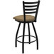 A black Holland Bar Stool Ladderback swivel bar stool with a tan seat.