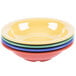 A stack of colorful GET Diamond Mardi Gras melamine bowls.