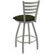 A white Holland Bar Stool ladderback swivel bar stool with a green seat.