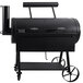 A black barbecue grill with wheels.