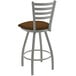 A Holland Bar Stool Jackie ladderback swivel counter stool with brown cushion and anodized nickel finish.