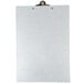 A Menu Solutions Alumitique clipboard with a metal clip holding a paper on a white surface.