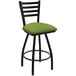 A Holland Bar Stool Jackie Ladderback Swivel Bar Stool with green cushion on black legs.