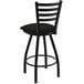 A Holland Bar Stool black ladderback swivel bar stool with a black cushion.