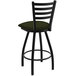 A black bar stool with a green cushion.