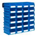 A white louvered wall panel with blue plastic bins and white labels.