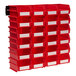 A red plastic shelf with white Triton LocBins on white rails.
