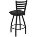 A Holland Bar Stool black ladderback swivel bar stool with a black seat.