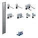 A group of silver steel hardware for hanging tools including hooks and screws.