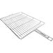 A stainless steel Mibrasa grill basket with a metal rack and handle.